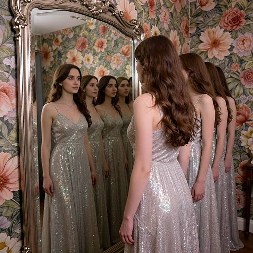 Photograph of a brunette woman with long wavy hair, wearing a shimmering silver gown, standing before a floral-patterned mirror, reflecting multiple images