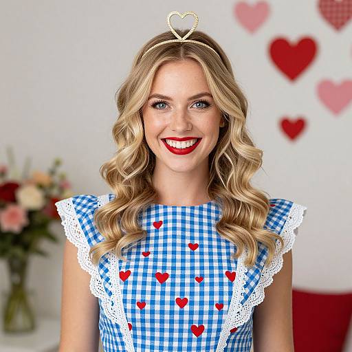 Photograph of a smiling blonde woman with wavy hair, wearing a blue checkered dress with white lace trim and red heart accents, gold hearthead