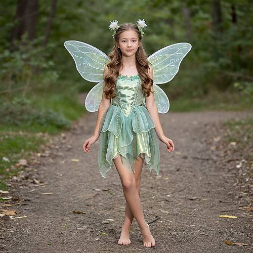 Photograph of a young girl with long brown hair, wearing a green fairy costume with transparent wings, standing barefoot on a forest path.