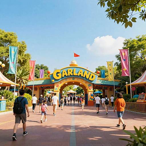 Photograph of a sunny day at Carland theme park entrance, bustling with visitors, colorful flags, vibrant archway, and lush greenery.