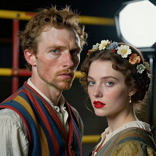 Photograph of a red-haired, bearded man with blue eyes and a fair-skinned woman with red lips, wearing flower crowns and striped vests