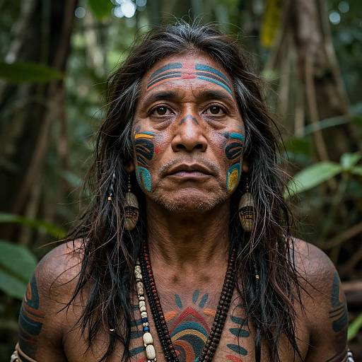 Photograph of a Native American man with long black hair, adorned with colorful face paint and tribal tattoos, wearing beaded necklace in dense forest.