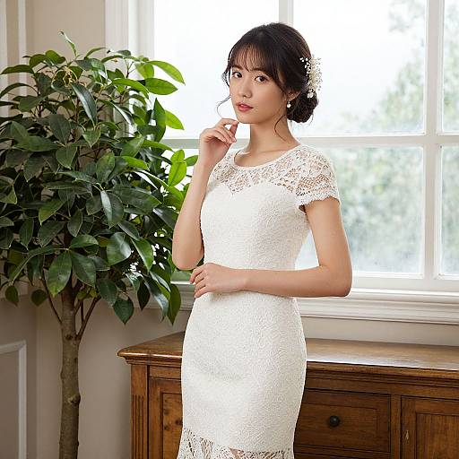 Elegant Woman in White Lace Dress