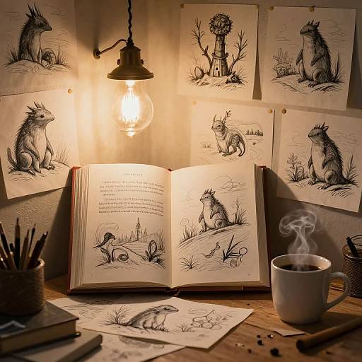 Photograph of a warmly lit desk featuring an open sketchbook with detailed black ink drawings of hedgehogs, surrounded by pinned sketches, a lit bulb