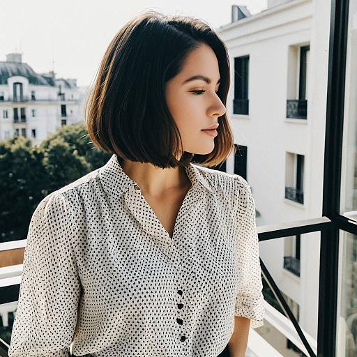 Woman with Shoulder-Length Bob Hairstyle on Balcony