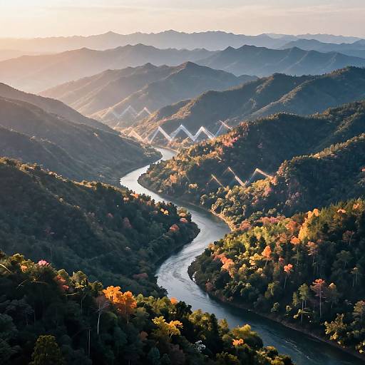 Photograph of a winding river cutting through a mountainous forest, illuminated by golden sunset light, with three white-roofed buildings nestled among trees in