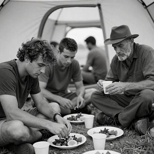 Candid Moment in a Tent: Three Men