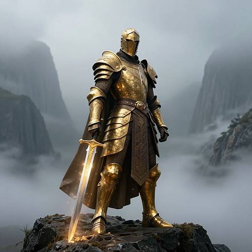 Golden armored knight statue with glowing sword stands on rocky cliff, misty mountains in background, realistic CGI art.
