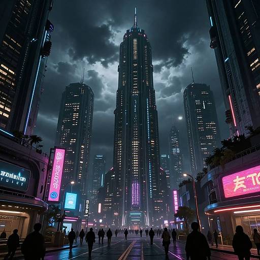 CGI cityscape at night: towering, neon-lit skyscrapers under a stormy sky, crowded street with glowing signs, silhouet