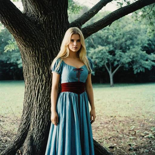 Blonde Woman in Blue Dress by Tree