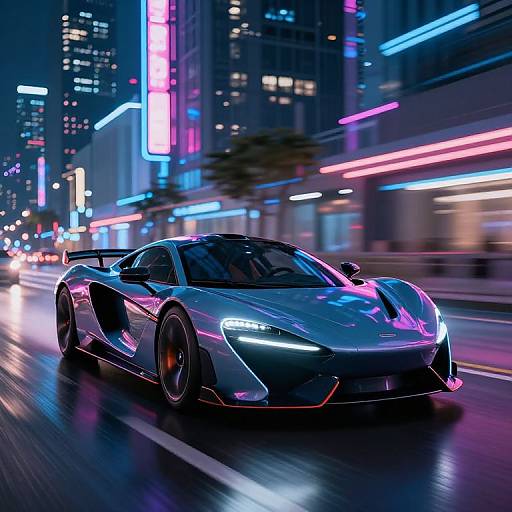 Photorealistic digital artwork of a sleek, silver, neon-lit sports car speeding through a vibrant, neon-lit urban night cityscape.