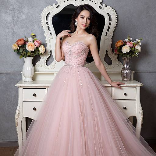 Photograph of a young woman in a pink, strapless, lace-embellished ball gown, standing in front of a white ornate vanity