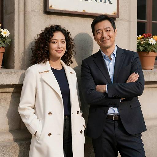 Sunlit Smiling Couple by Stone Wall
