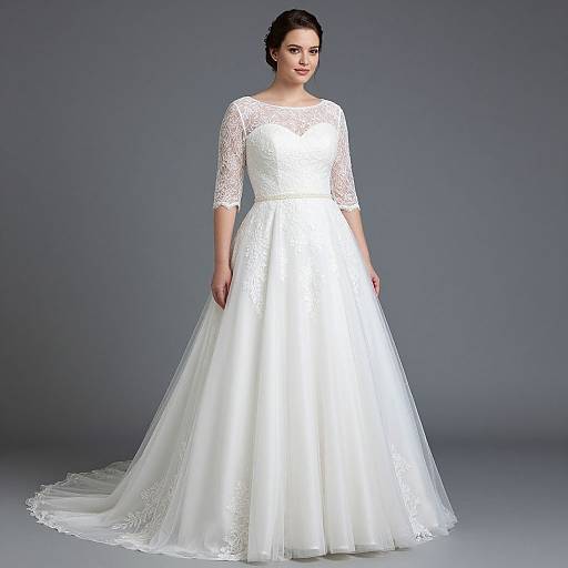 Photograph of a plus-sized woman in a white lace wedding dress with three-quarter sleeves, standing against a gray backdrop.