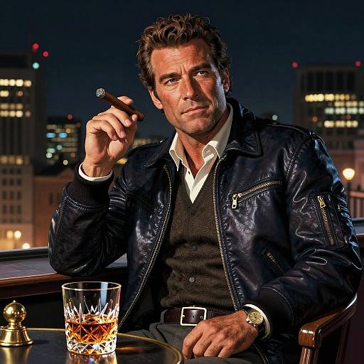 Photograph of a handsome, middle-aged man with dark hair, wearing a black leather jacket and white shirt, smoking a cigar, sitting at a rooftop
