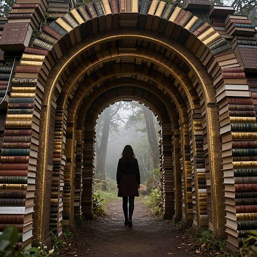 Photograph of a woman in a black coat walking through a magical, illuminated archway made of stacked books in a misty forest.