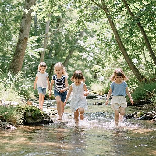 Four children, two boys and two girls, walk barefoot through a sunny, forested creek, splashing in the clear water. Photographic image