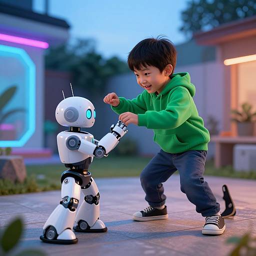 Boy and Robot in Futuristic Backyard