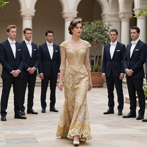 Elegant Woman in Vintage Gold Lace Gown