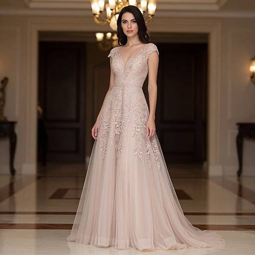 Photograph of a slender, dark-haired woman in a floor-length, lace-embellished, pale pink wedding gown with cap sleeves, standing in