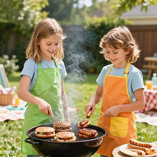 Photograph of two smiling young girls in green and orange aprons grilling burgers and hotdogs on a black grill in a sunny backyard.