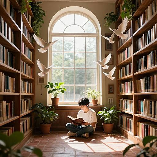 Cozy Sunlit Library with Doves