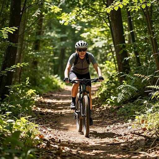 Cyclist in Sunlit Forest Trail