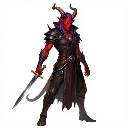 Digital artwork of a red-skinned, horned demon warrior with purple hair, wearing black armor and holding a curved sword, standing against a white background