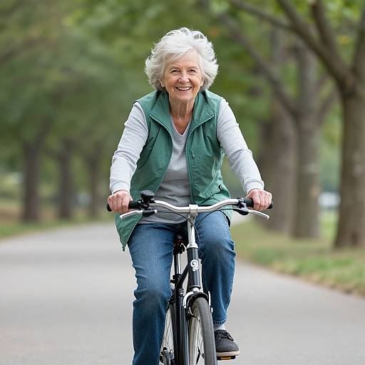 Photograph of an elderly woman with short white hair, smiling, wearing a green vest over a white shirt, riding a bicycle on a tree-lined path
