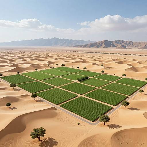 Aerial photograph of a lush, green, grid-irrigated oasis in a vast, sandy desert with scattered trees under a bright blue sky and