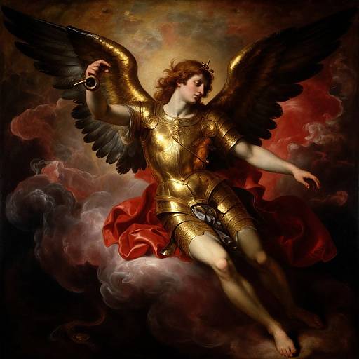 Digital painting of a golden-armored angel with black wings, red cloth, and a crown, floating amidst dark clouds. The angel holds a ring in