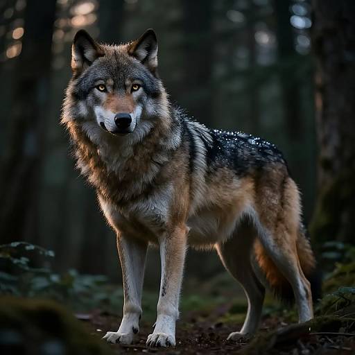 Photograph of a striking gray wolf with piercing yellow eyes, standing in a dark, misty forest, illuminated by soft light.
