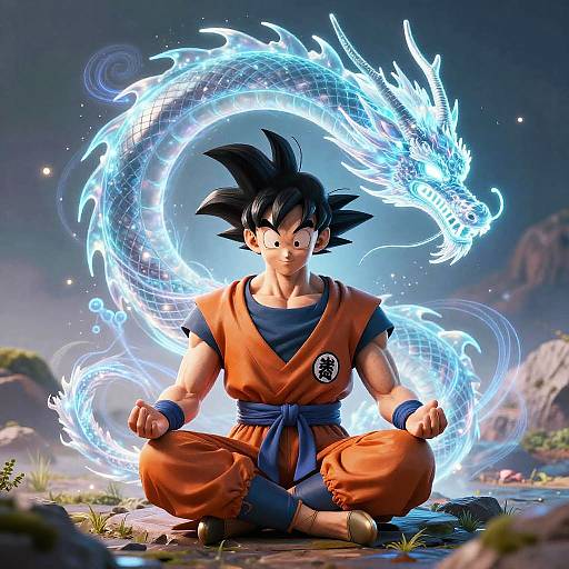 CGI image of Super Saiyan Goku meditating with a glowing, blue energy dragon tail behind him, wearing orange gi, blue sash, and