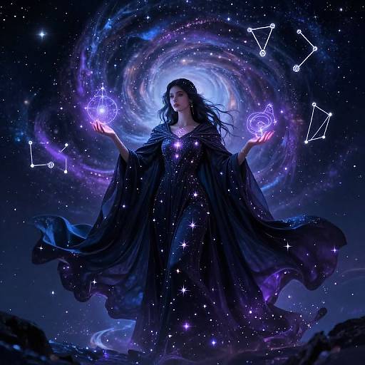 Digital artwork of a mystical woman with long black hair, wearing a flowing dark robe, holding glowing purple orbs, standing in a cosmic swirl of stars and
