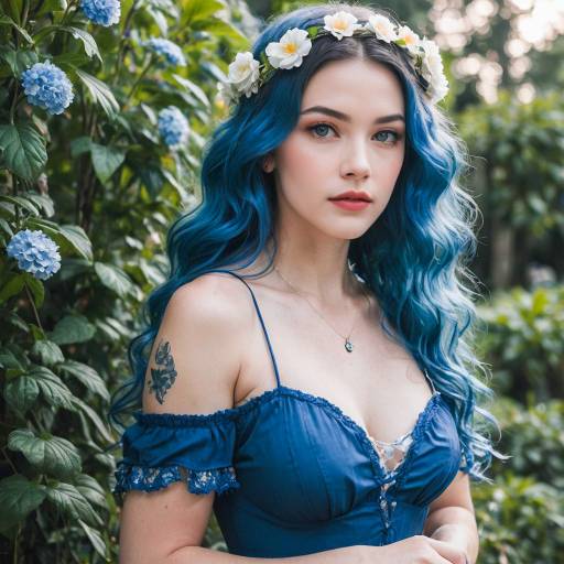 Blue-Haired Beauty in Floral Elegance
