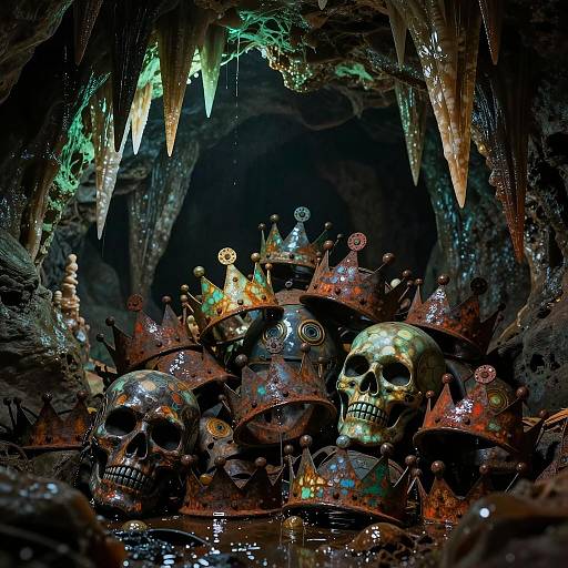 Rusty Crowns and Skulls in Dark Cavern
