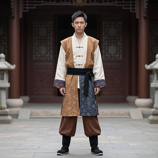 Photograph of an Asian man in traditional Korean hanbok with a brown, blue, and white patterned vest, white shirt, brown pants,