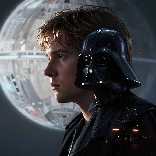 Photograph-like CGI: Young man with wet, tousled brown hair wears black Darth Vader helmet, serious expression, against illuminated space station background.