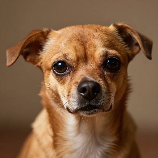 Close-up photograph of a small, light brown, short-haired Chihuahua with large, dark, expressive eyes, slightly tilted ears, and a