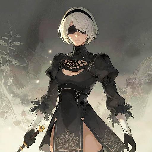 Digital anime-style drawing of 2B from NieR: Automata, with short white hair, black blindfold, and intricate black dress, holding