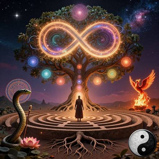 Digital artwork of a person standing under a glowing, cosmic tree with an infinity symbol, surrounded by colorful orbs, a snake, a phoenix, and y