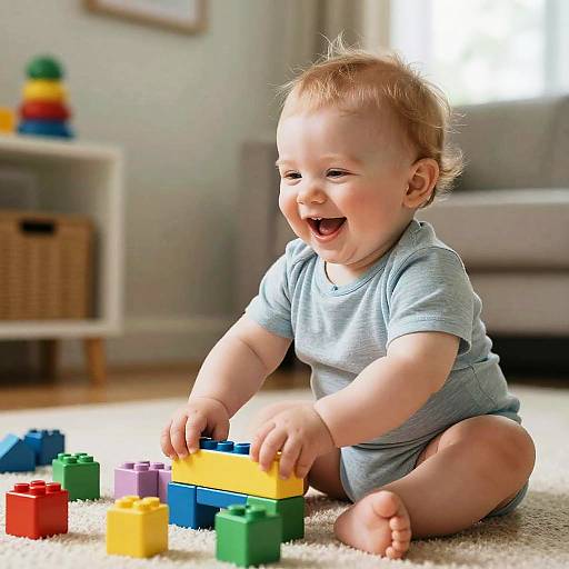 Photograph of a laughing baby with light brown hair, wearing a light blue onesie, playing with colorful plastic building blocks on a white carpet in a