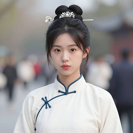 Photograph of an East Asian woman with fair skin, black hair in a bun, wearing a white traditional Chinese cheongsam with blue trim, standing