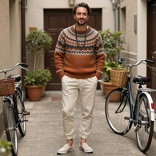 Photograph of a bearded man with curly hair, wearing a colorful knitted sweater, white pants, and white sneakers, standing between two bicycles in