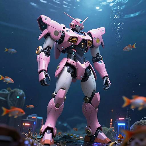 CGI image of a towering pink and white mech robot standing underwater, surrounded by colorful fish, with underwater lights and equipment in the background.
