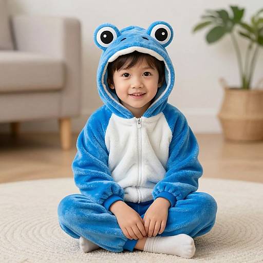 Photograph of a smiling toddler in a blue frog-themed onesie with white sleeves, sitting cross-legged on a white rug, in a brightly lit living