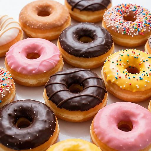 Photograph of colorful donuts with chocolate, pink, yellow icing, sprinkles, and chocolate drizzle, arranged closely on a white surface.