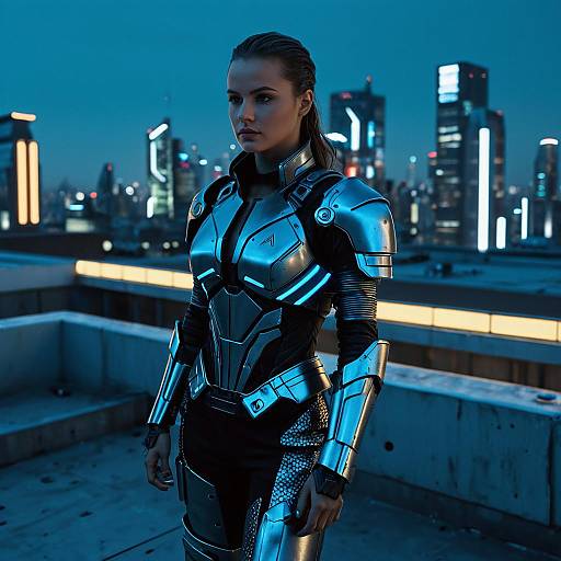 Female Cyberpunk Warrior on Futuristic Rooftop