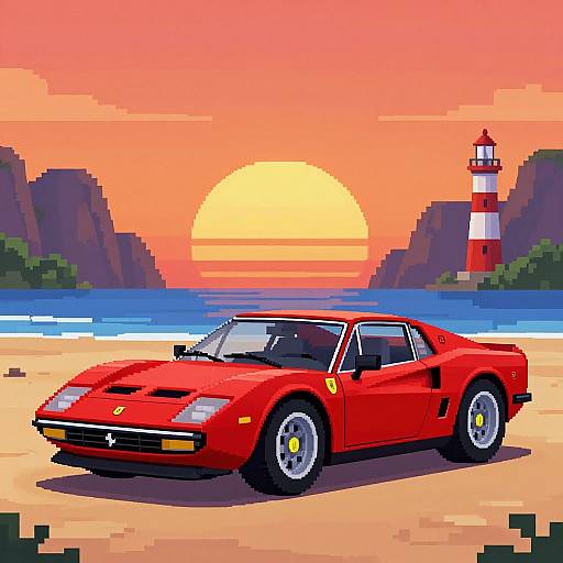 Pixel art of a red Ferrari Testarossa on a beach at sunset, with a lighthouse in the background and mountains flanking the scene.