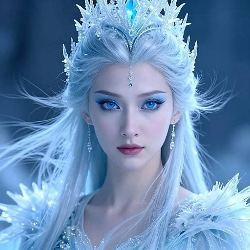 Digital artwork of a pale-skinned, blue-eyed woman with long silver hair, wearing an icy crown and ornate, frost-like jewelry, set against
